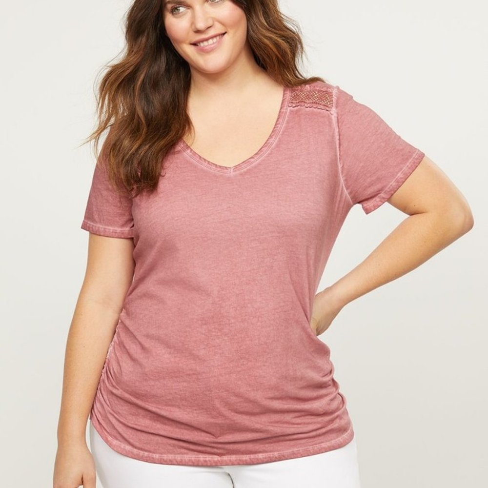 Lane Bryant Crochet-Shoulder Ruched Side Tee